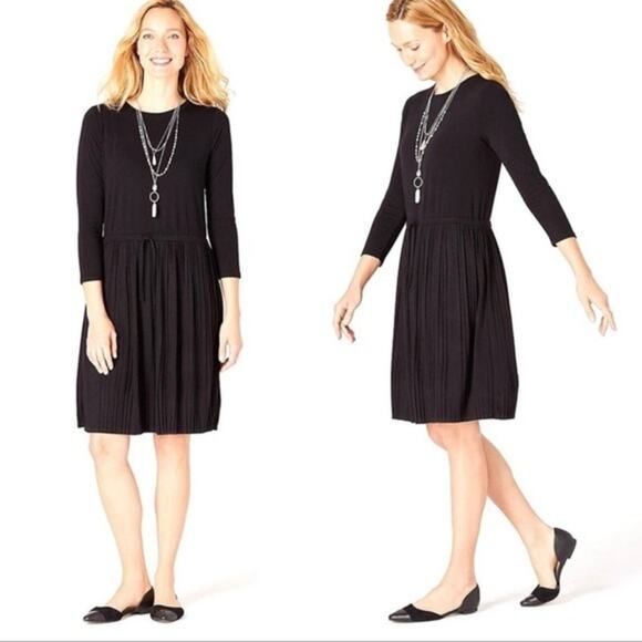 NWT J. Jill Black Pleated Drawstring-Waist Knit Dress 3/4 Sleeve Stretch Knit - Picture 1 of 14